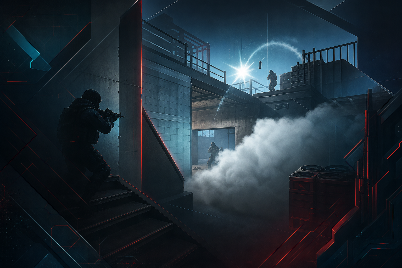 CS2 Vertigo mid with smoke, flash pop, and players contesting connector from stairs