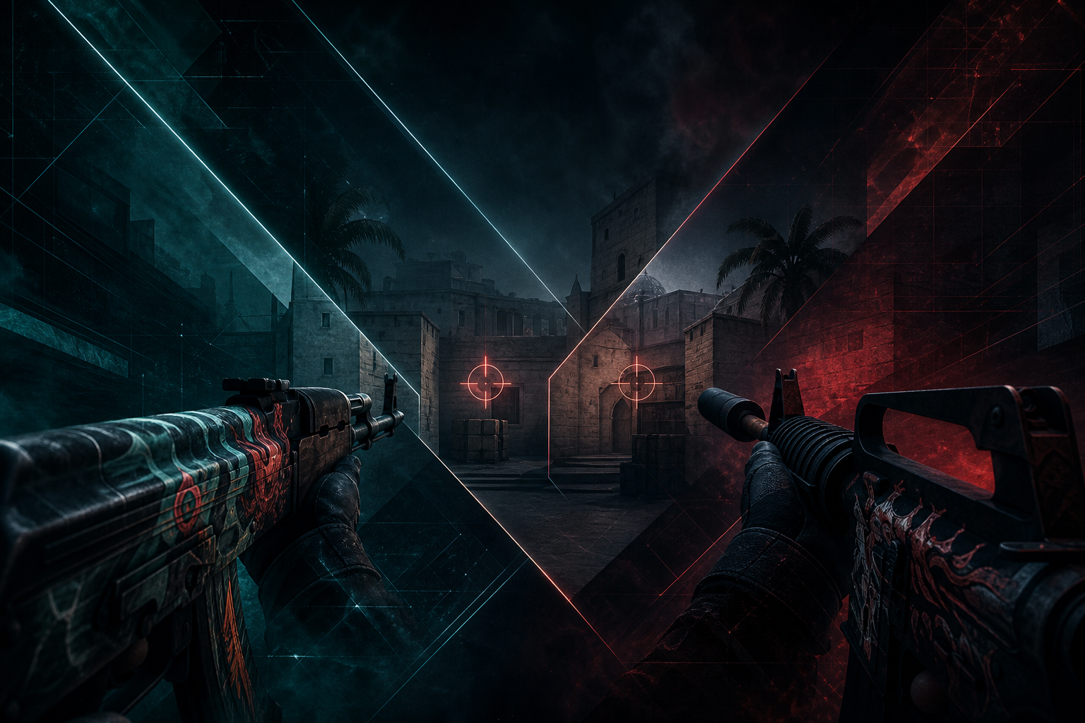AK-47 and M4A1-S side by side on Mirage with crosshairs aimed at head level