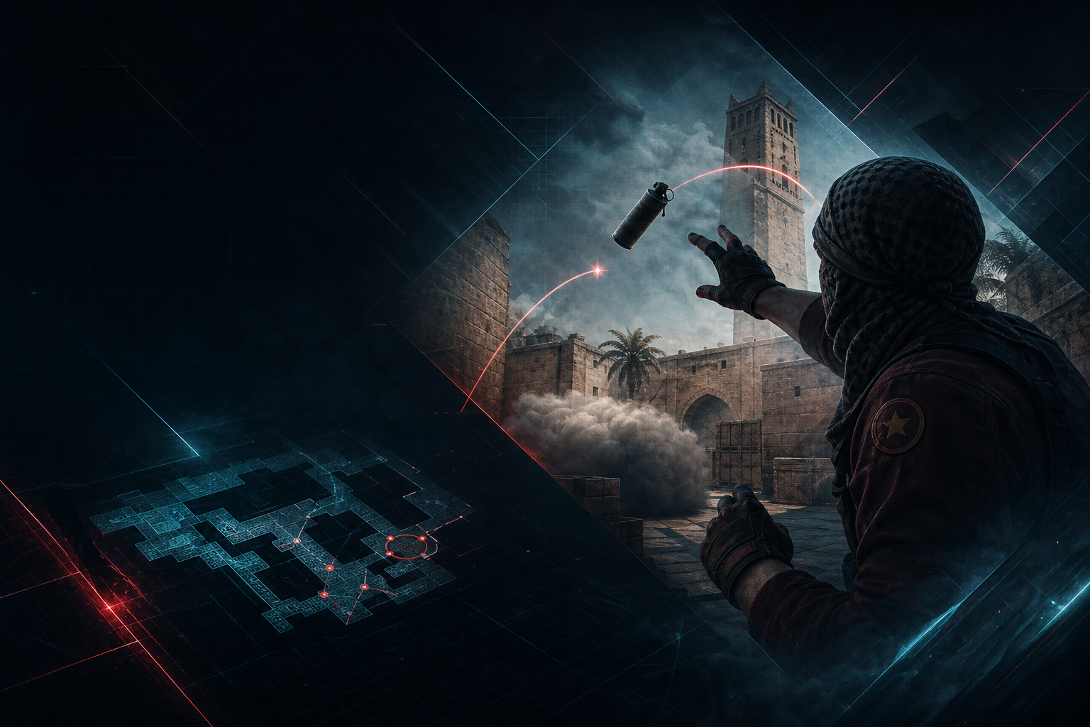 CS2 player throwing a Mirage smoke while a timer and minimap show execute timing