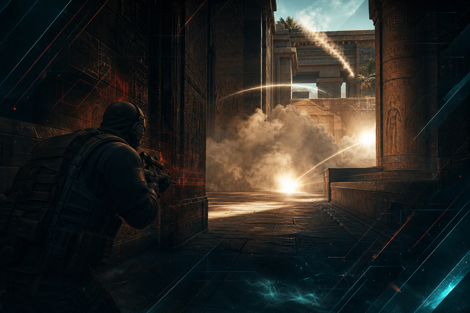 CS2 player entrying A Main on Anubis with smokes and flashes covering Water and Connector