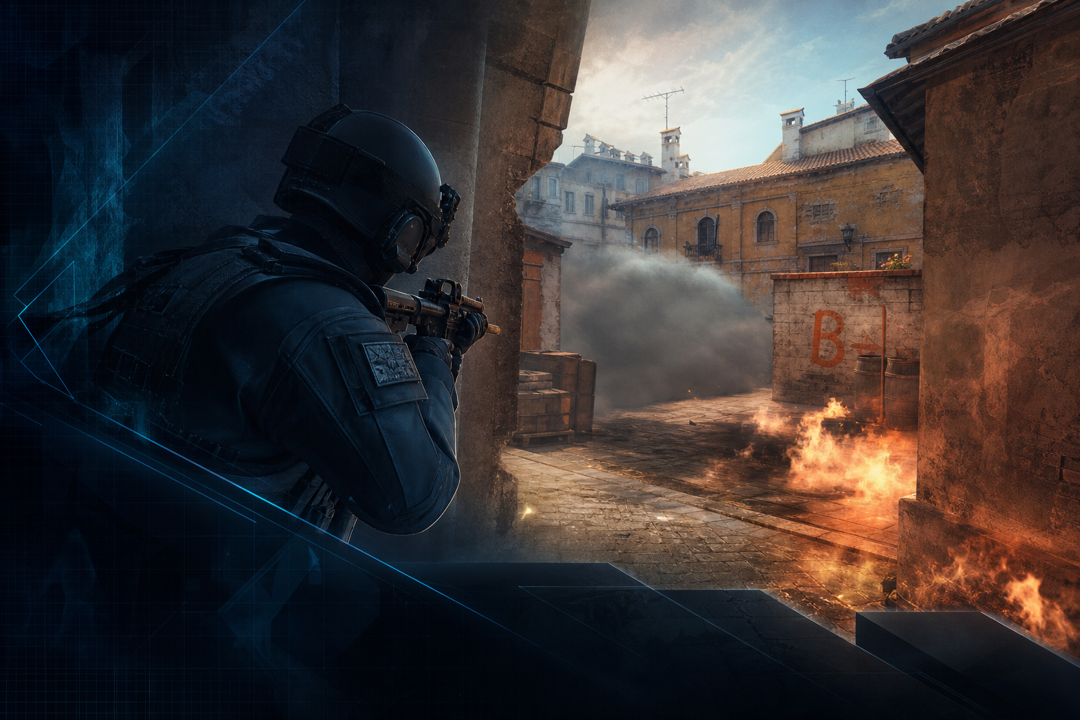CT player holding Banana on Inferno with smoke, molotov, and B site in view