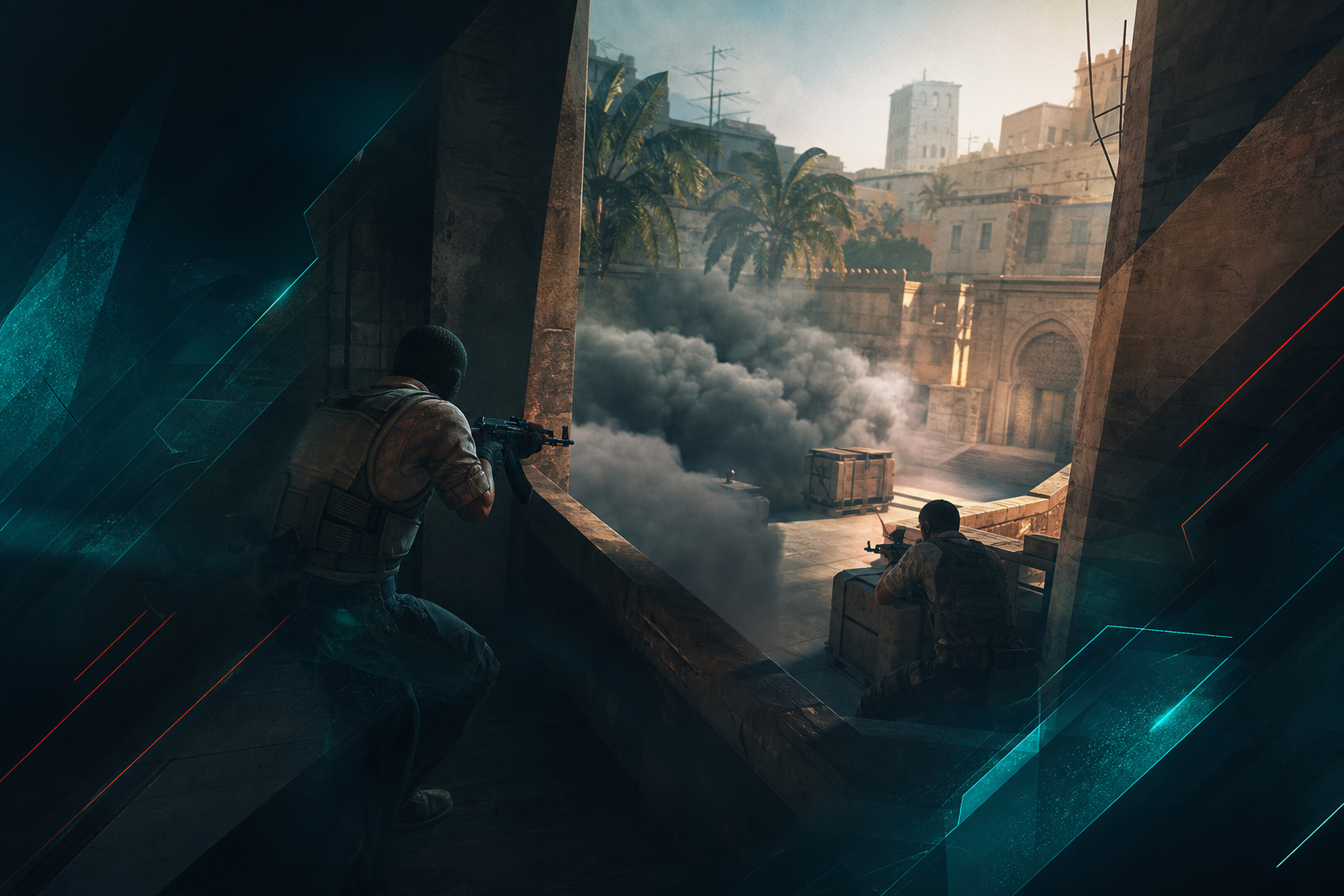 Two CS2 players fighting for Mirage connector with smokes, jungle, and mid in view