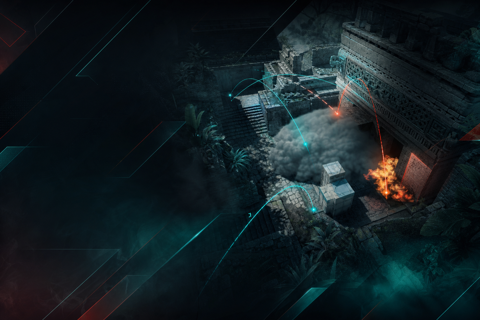 CS2 Ancient B site with smoke, flash, and molotov lines marked for an execute