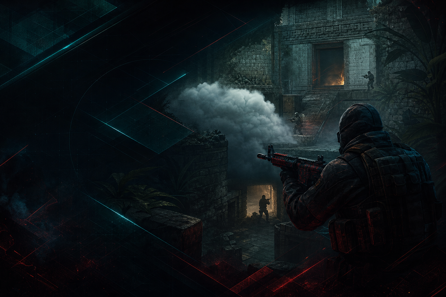 CS2 Ancient T-side execute with mid smoke, cave pressure, and players holding late-round map control