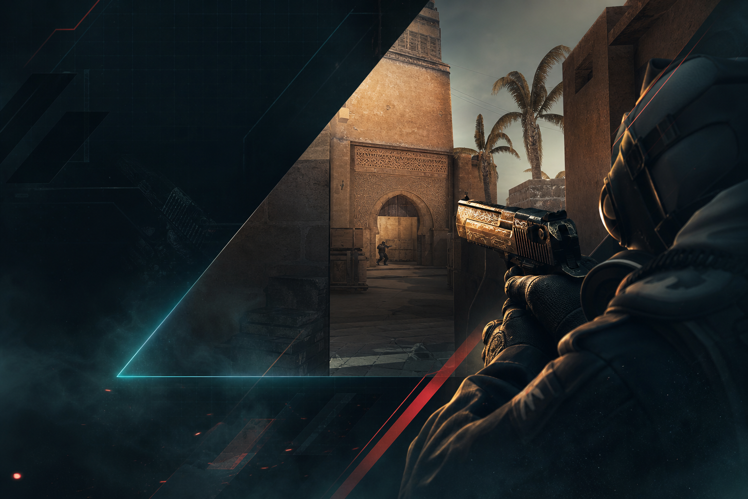 CS2 player holding a Deagle angle on Mirage ticket with an enemy peeking