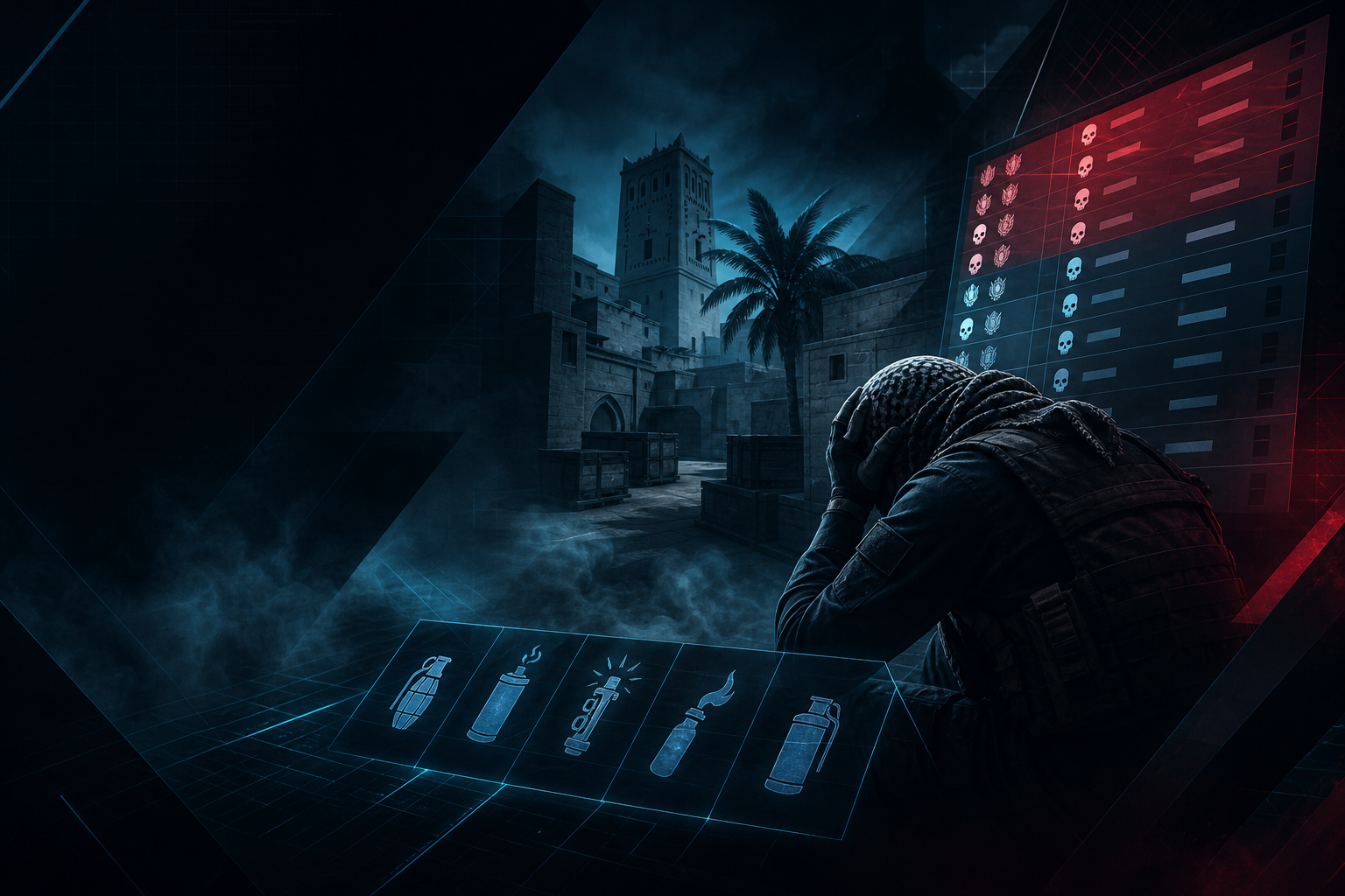 CS2 lobby scoreboard with a frustrated player on Mirage mid and utility icons on screen
