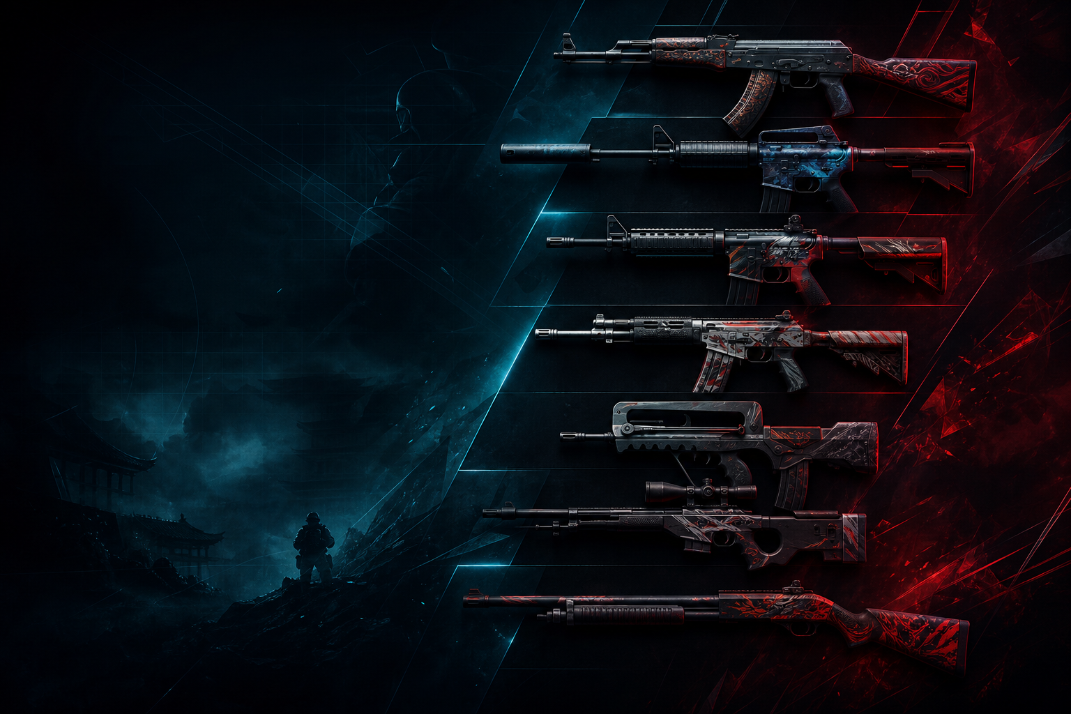 CS2 rifle tier list graphic showing AK, M4A1-S, M4A4, Galil, FAMAS, AUG, and SG on a dark background