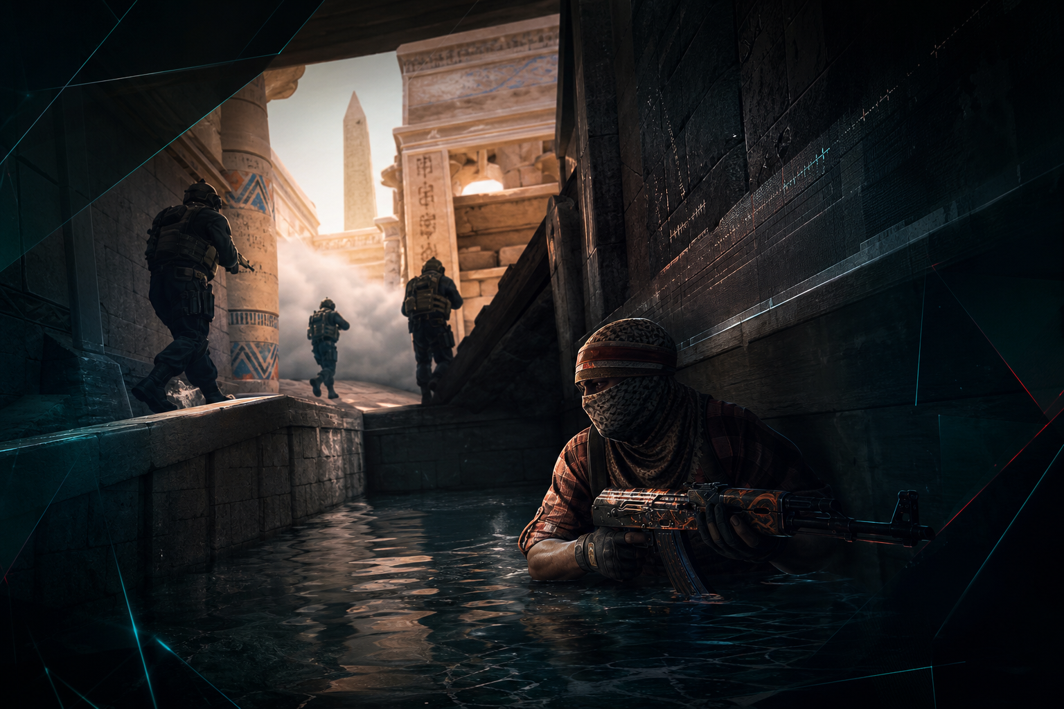 CTs rotating on Anubis while a T lurker waits in canal with a rifle
