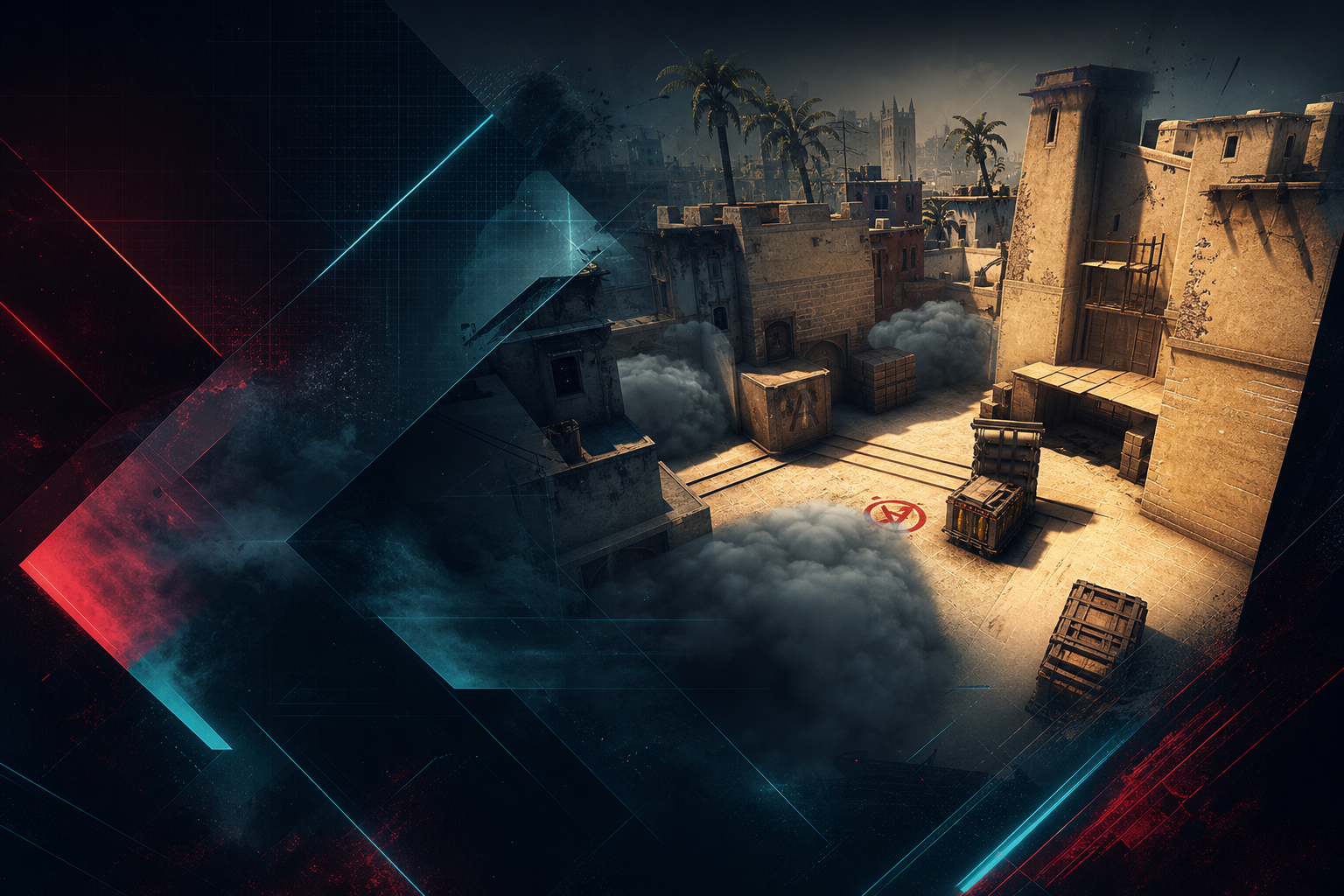 CS2 Mirage A-site with smokes on connector and stairs during a T-side default