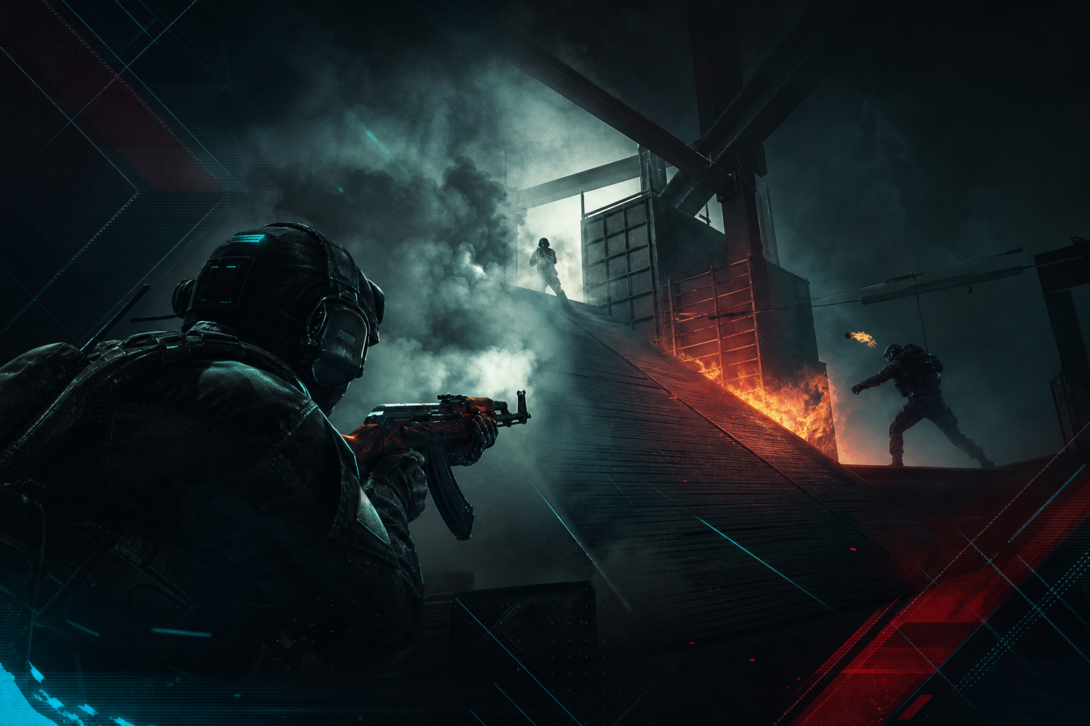 Pro CS2 players fighting for Vertigo ramp control with smoke and molotov utility