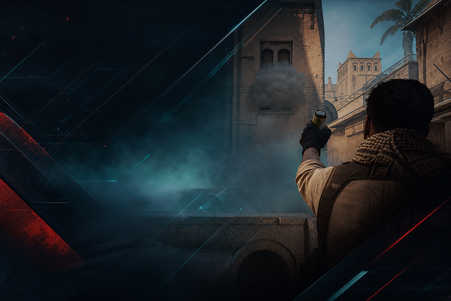 CS2 Mirage T side player lining up a window smoke near top mid